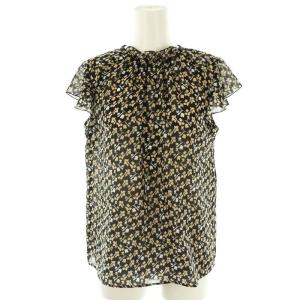 リボンフリルブラウス 総柄 半袖 38 ブラック /HK OS