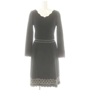 スカラップニットワンピース 長袖 ロング ミモレ 38 S 黒 ブラック /SY OS