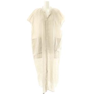 60S リネンクロス バンドカラー ギャザーネック シャツワンピース 半袖 36 ライトグレージュ /ES