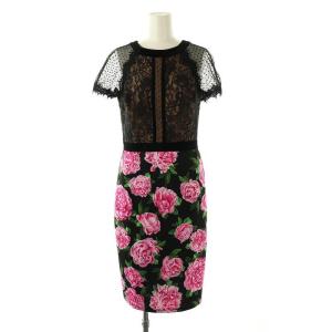 レース 花柄 切替 ワンピース ひざ丈 半袖 4 ブラック マルチカラー /DF OS