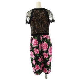 TADASHI SHOJI レース 花柄 切替 ワンピース ひざ丈 半袖 4 ブラック マルチカラー /DF OS