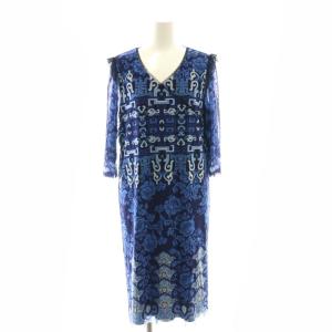 パワーネット総柄七分袖ワンピース 膝丈 42 ネイビー マルチカラー /DO OS