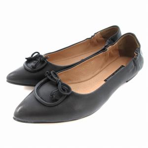 撥水加工デザインシューズ フラット パンプス リボン ポインテッドトゥ 23?p 黒 ブラック 12174