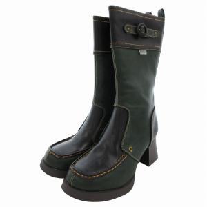 厚底ブーツ ロング ヒールアップ チャンキーヒール ベルトデザイン レザー LL 緑 グリーン 4460035