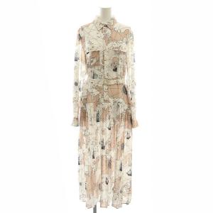 マッププリントシャツワンピース ミモレ ロング 長袖 38 白 ホワイト ピンク 0322131172