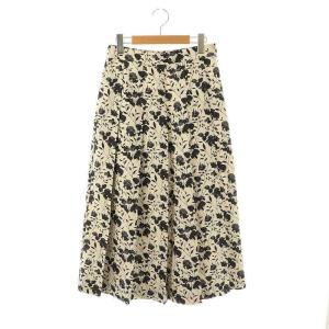 25SS リネンライクフラワープリント スカート プリーツ ロング 38 ベージュ ブラック /DF OS