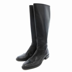 ロングブーツ シューズ ローヒール チャンキーヒール レザー 黒 ブラック /AE