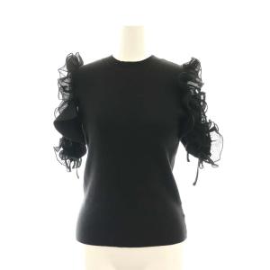 Sustainableフリルスリーブニットプルオーバー カットソー 五分袖 F 黒 ブラック /AT OS