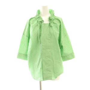 コットンブロードストライプ ギャザーカラーブラウス 七分袖 36 緑 グリーン 白 ホワイト /AT OS