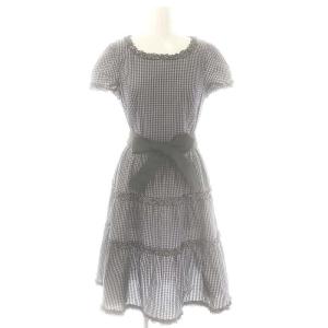ギンガムチェック ティアード ワンピース 半袖 38 グレー ブラック /ES OS