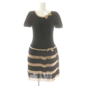 リボン ニットワンピース 膝丈 半袖 38 ブラック ベージュ /HK OS