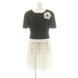 コサージュ付き 切替 ワンピース ひざ丈 36 ブラック ホワイト /DF OS