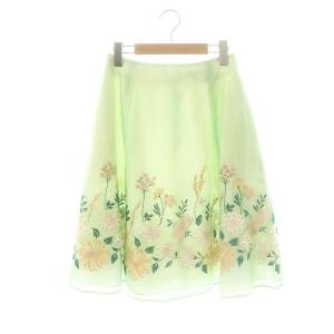 フラワー刺繍 チュールスカートフレア ひざ丈 0 ライトグリーン /DF OS