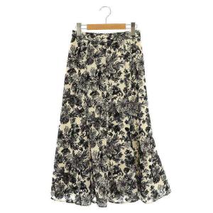 フラワーフロッキープリントスカート フレア マキシ ロング 36 グレー 黒 ブラック 0123421162