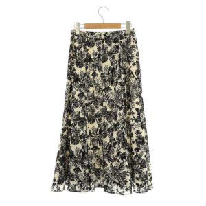 GRACE CONTINENTAL フラワーフロッキープリントスカート フレア マキシ ロング 36 グレー 黒 ブラック 0123421162