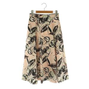 24SS ドローイングフラワープリントフレアスカート ロング 34 ピンクベージュ マルチカラー /ES