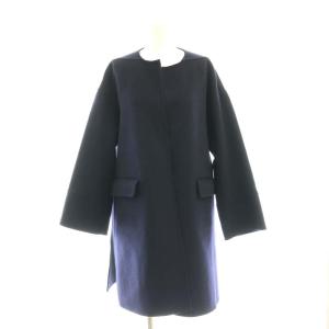 ウールリバーポケットノーカラーロングコート 36 ネイビー
