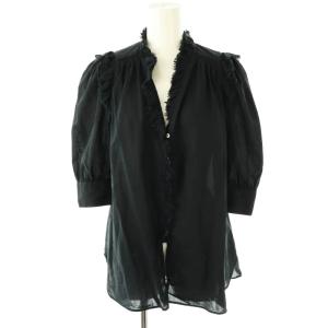 23SS コットンシュリンクフリルハーフスリーブブラウス チュニック丈 濃紺 /MI OS