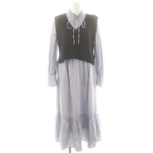 ベスト ストライプシャツワンピース ロング 長袖 2点セット 2 ブルー ネイビー /HK OS