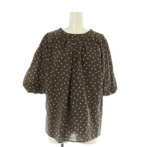 23SS ドットプリント パフスリーブブラウス 五分袖 プルオーバー リボン 36 ブラウン /MY OS