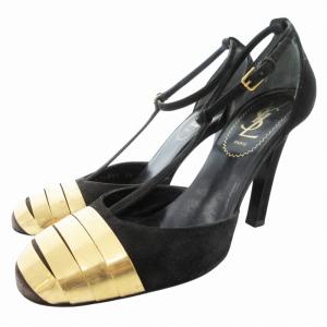 Tストラップパンプス ヒール ラウンドトゥ スエード 36 黒 ブラック ゴールドカラー /GV