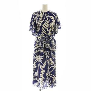 コレクション シルク ボタニカルフラワーワンピース ミモレ ロング 半袖 38 青 ブルー 白 ホワイト