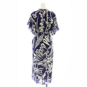 LANVIN コレクション シルク ボタニカルフラワーワンピース ミモレ ロング 半袖 38 青 ブルー 白 ホワイト
