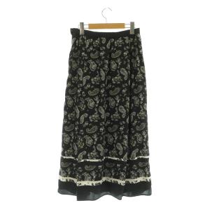 23区 23SS【洗える】スカーフパネルプリント スカート ロング フレア サテン 38 ブラック /MY OS