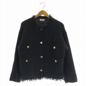 23SS ツイードニットジャケット ノーカラー フリンジ ネイビー /MY OS
