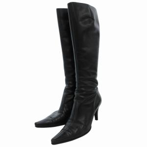 ロングブーツ サイドジップ レザー ポインテッドトゥ 37 黒 ブラック /FF