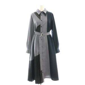 ブロッキングラインプリーツワンピース ミモレ ロング 長袖 F グレー 紺 ネイビー /AT OS