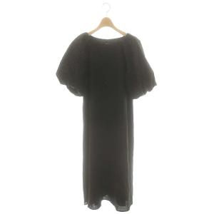 洗える リネン混 ボリューム袖ロング 五分袖ワンピース 2 M 黒 ブラック /SY OS