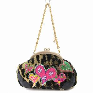 タグ付き チェーンハンドバッグ がま口 ビジュー ハート 刺繍 総柄 ミニ 黒 ブラック ベージュ /AE