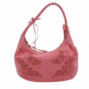 美品 ワンショルダーバッグ 蝶 バタフライ 刺繍 スタッズ レザー ピンク /HO