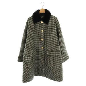 23AW 2way ノーカラー エコファー付け襟 メルトン Aライン ミドルコート 千鳥格子柄 36 黒