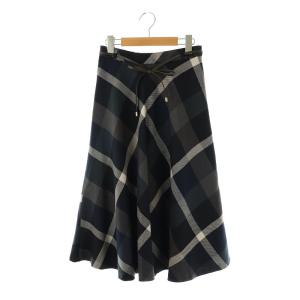 ブウール チェック フレアスカート ロング 38 ネイビー ブラウン /DF OS
