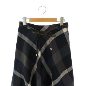 BLUE LABEL CRESTBRIDGE ブウール チェック フレアスカート ロング 38 ネイビー ブラウン /DF OS