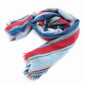 ストール フリンジ ストライプ柄 ロゴ刺繍 青 ブルー 赤 レッド /JS