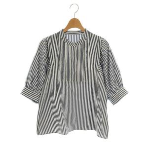 24SS ピンタック5分袖シャツブラウス ストライプ 38 ネイビー /HK OS