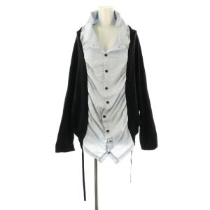 ヨウジヤマモト サイドギャザー切替ストライプシャツ カットソー 1 黒 青 /MI OS