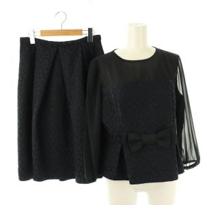セットアップ 上下 フラワージャガード ブラウス 長袖 プルオーバー スカート 膝丈 フレア 38 黒