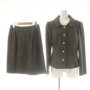 千鳥格子 パールボタン セットアップ スカートスーツ ジャケット 38 40 グレー ブラック /ES
