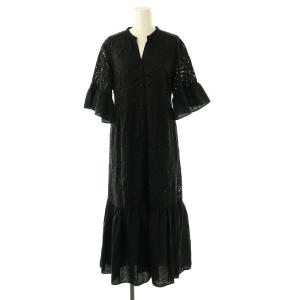 24SS ヤシ柄カットワークワンピース 五分袖 ロング 36 黒 /NR OS
