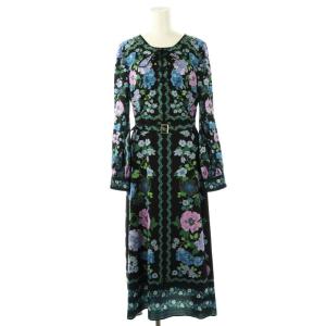 23SS フラワーパターンプリントワンピース 長袖 ロング 36 黒 マルチカラー /NR OS