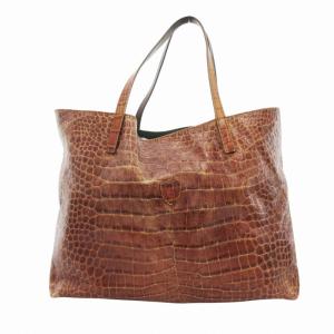トートバッグ ロゴ パッチ 型押しレザー 茶 ブラウン /HO