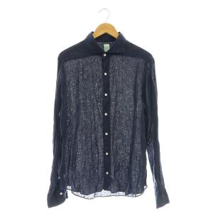 リネン シャツ 長袖 スタンドカラー XL 紺 ネイビー /AT OS