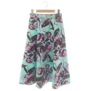 24SS ドローイングフラワープリントフレアスカート ロング 34 ミントグリーン /HK OS