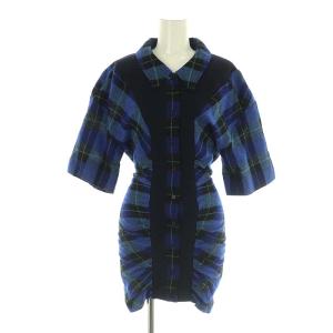 チェック ミニシャツワンピース ウール 34 青 紺 黒 /MI OS