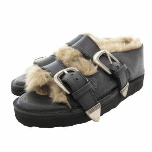 ダブルバックルファーサンダル シューズ フェイクファー 厚底 8 25.0cm 黒 ブラック ベージュ