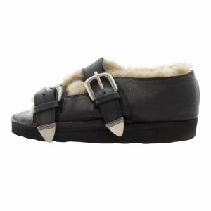 caminando ダブルバックルファーサンダル シューズ フェイクファー 厚底 8 25.0cm 黒 ブラック ベージュ